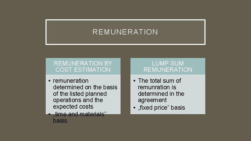 REMUNERATION BY COST ESTIMATION • remuneration determined on the basis of the listed planned