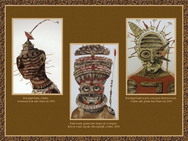 Eucalypt bark, ochres, rosemary leaf and charcoal, 2010 Eucalypt bark wash, coriopsus flower wash,