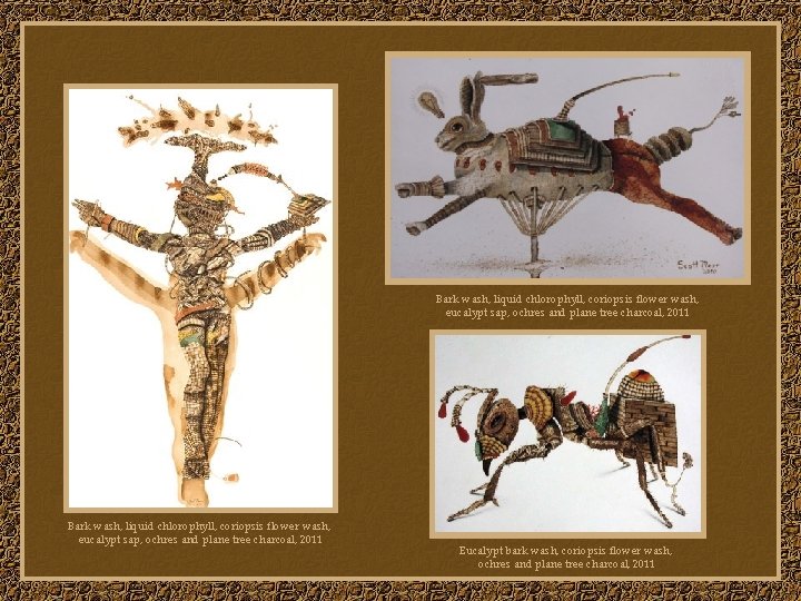 Bark wash, liquid chlorophyll, coriopsis flower wash, eucalypt sap, ochres and plane tree charcoal,