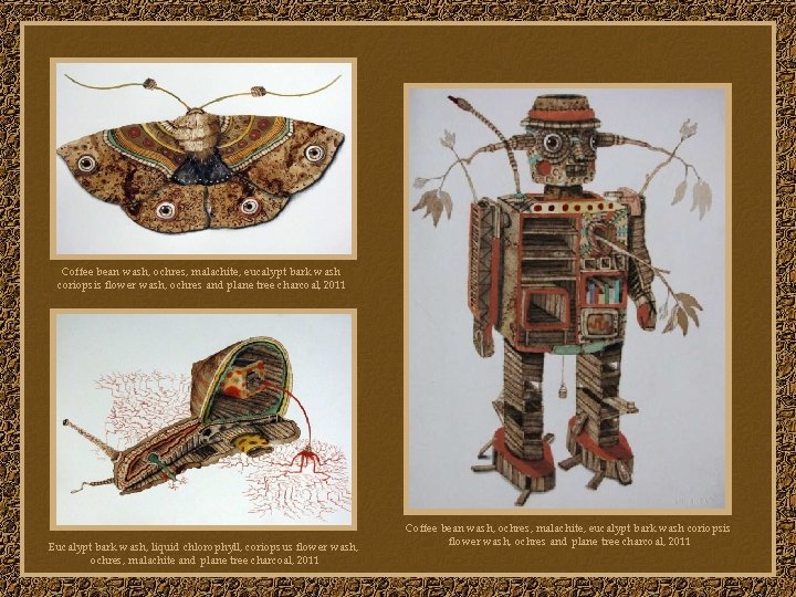 Coffee bean wash, ochres, malachite, eucalypt bark wash coriopsis flower wash, ochres and plane