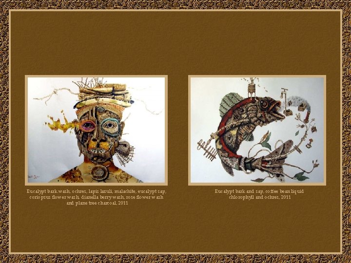 Eucalypt bark wash, ochres, lapis lazuli, malachite, eucalypt sap, coriopsus flower wash, dianella berry