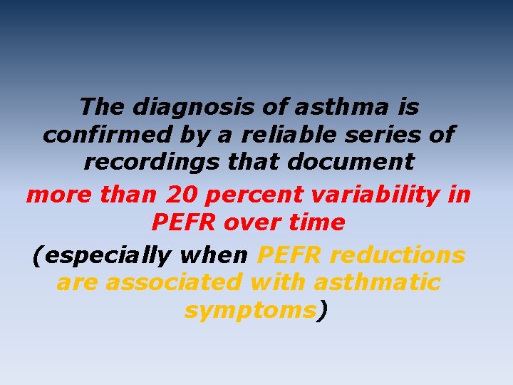 The diagnosis of asthma is confirmed by a reliable series of recordings that document