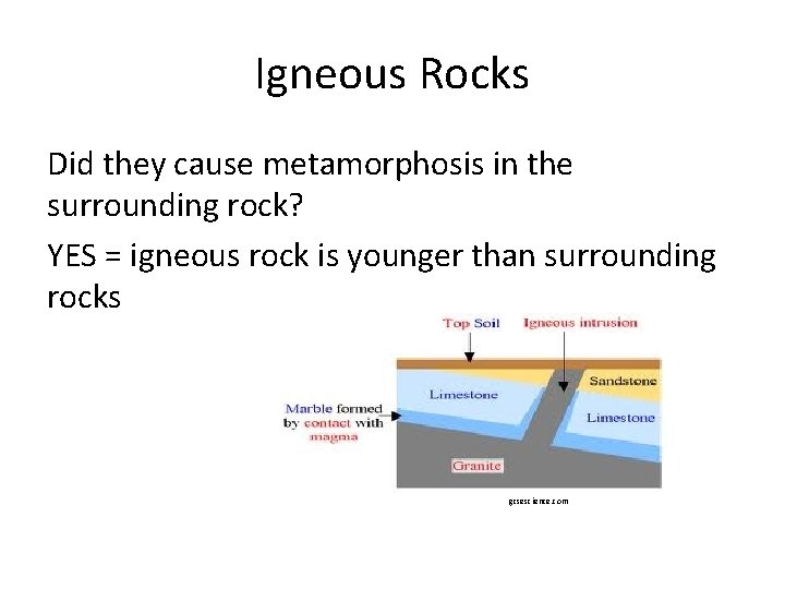 Igneous Rocks Did they cause metamorphosis in the surrounding rock? YES = igneous rock