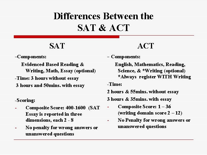 Differences Between the SAT & ACT SAT ACT -Components: - Components: Evidenced Based Reading