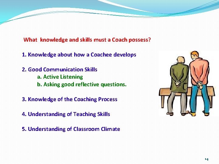 What knowledge and skills must a Coach possess? 1. Knowledge about how a Coachee