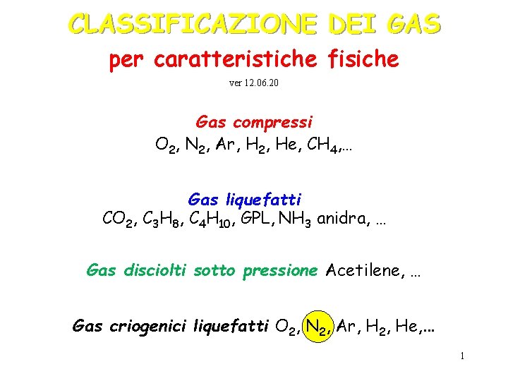 CLASSIFICAZIONE DEI GAS per caratteristiche fisiche ver 12. 06. 20 Gas compressi O 2, CLASSIFICAZIONE DEI GAS per caratteristiche fisiche ver 12. 06. 20 Gas compressi O 2,
