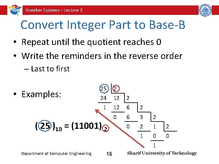 Number Systems – Lecture 2 Convert Integer Part to Base-B • Repeat until the