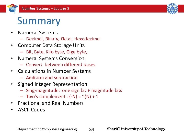 Number Systems – Lecture 2 Summary • Numeral Systems – Decimal, Binary, Octal, Hexadecimal