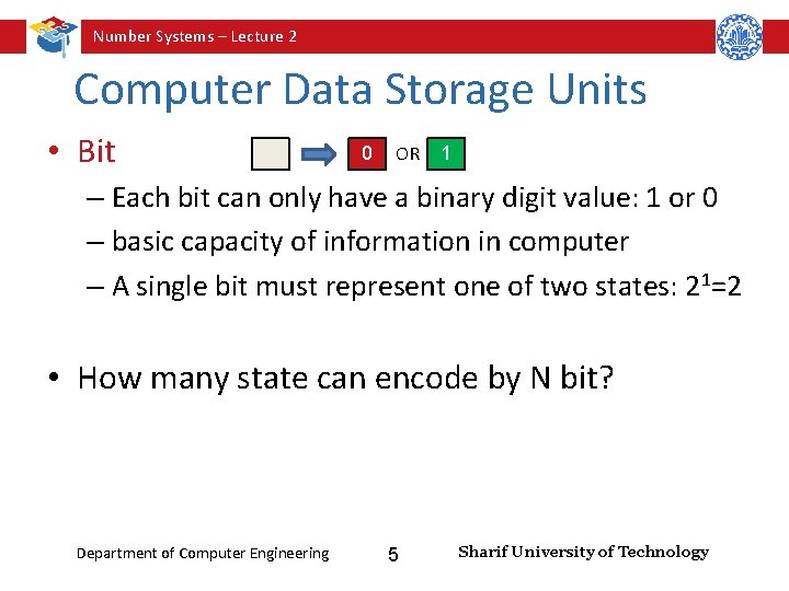 Number Systems – Lecture 2 Computer Data Storage Units • Bit 0 OR 1