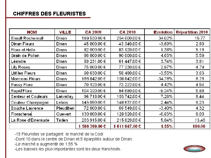 CHIFFRES DES FLEURISTES -15 Fleuristes se partagent le marché de la Codi -Dont 10