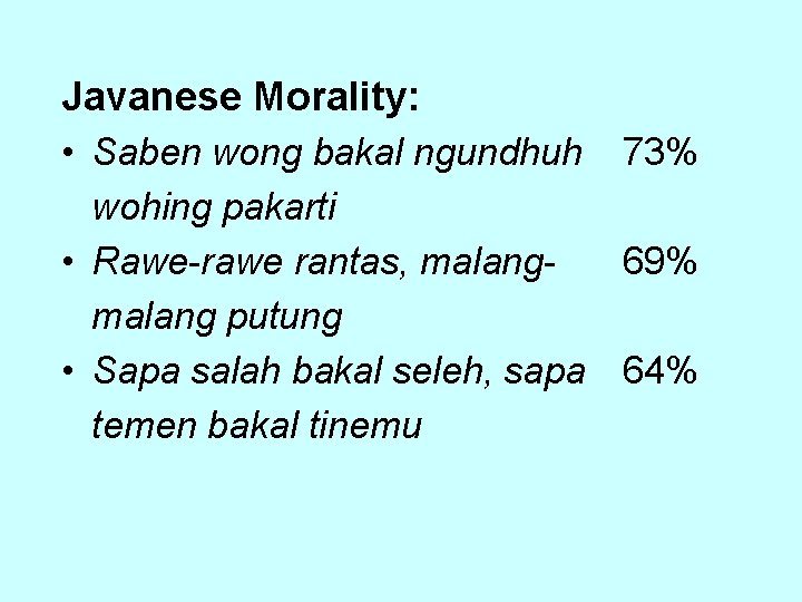 Javanese Morality: • Saben wong bakal ngundhuh 73% wohing pakarti • Rawe-rawe rantas, malang