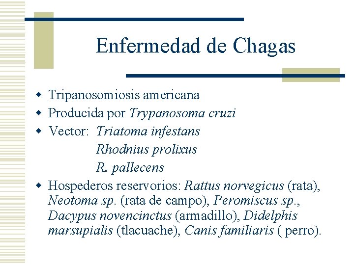 Enfermedad de Chagas w Tripanosomiosis americana w Producida por Trypanosoma cruzi w Vector: Triatoma Enfermedad de Chagas w Tripanosomiosis americana w Producida por Trypanosoma cruzi w Vector: Triatoma