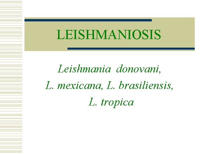 LEISHMANIOSIS Leishmania donovani, L. mexicana, L. brasiliensis, L. tropica LEISHMANIOSIS Leishmania donovani, L. mexicana, L. brasiliensis, L. tropica