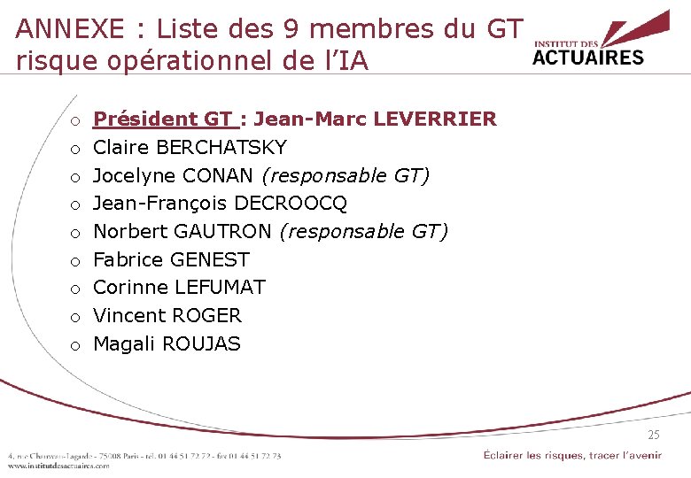 ANNEXE : Liste des 9 membres du GT risque opérationnel de l’IA o o ANNEXE : Liste des 9 membres du GT risque opérationnel de l’IA o o