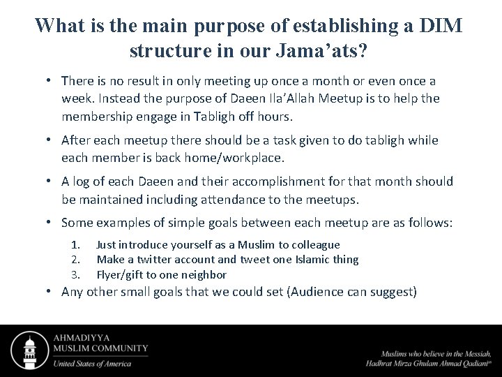What is the main purpose of establishing a DIM structure in our Jama’ats? •