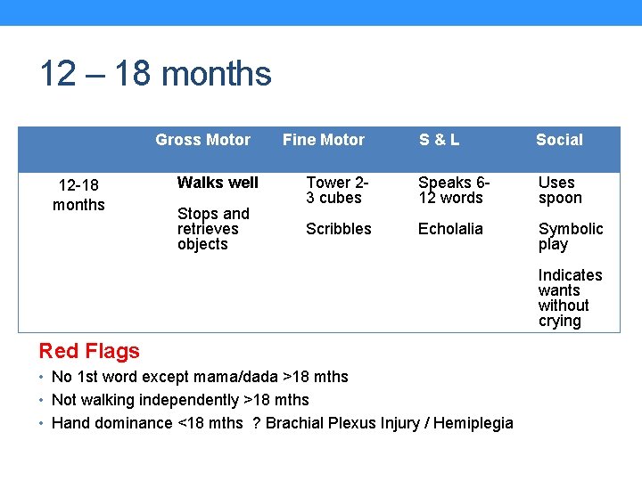 12 – 18 months Gross Motor 12 -18 months Walks well Stops and retrieves