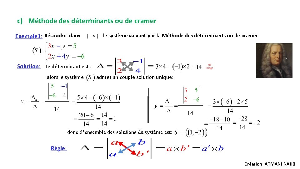 c) Méthode des déterminants ou de cramer Exemple 1: Résoudre dans le système suivant