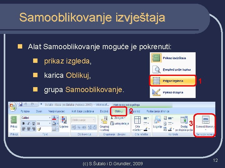 Samooblikovanje izvještaja n Alat Samooblikovanje moguće je pokrenuti: n prikaz izgleda, n karica Oblikuj,