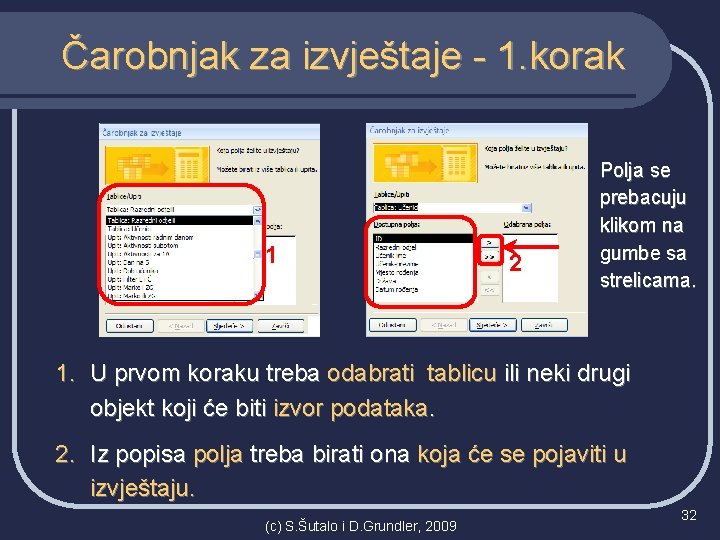 Čarobnjak za izvještaje - 1. korak 1 2 Polja se prebacuju klikom na gumbe