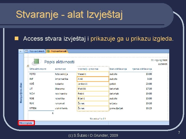 Stvaranje - alat Izvještaj n Access stvara izvještaj i prikazuje ga u prikazu izgleda.