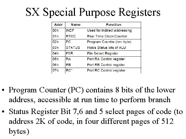 SX Special Purpose Registers • Program Counter (PC) contains 8 bits of the lower