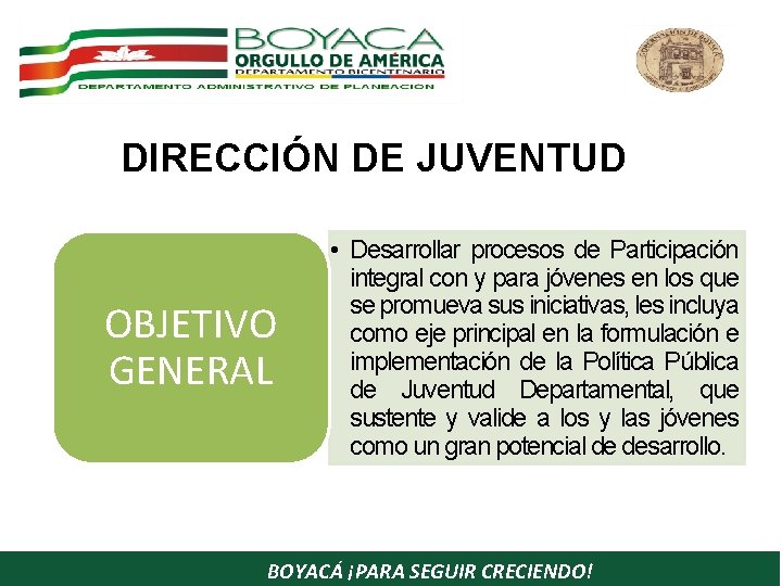 DIRECCIÓN DE JUVENTUD OBJETIVO GENERAL • Desarrollar procesos de Participación integral con y para