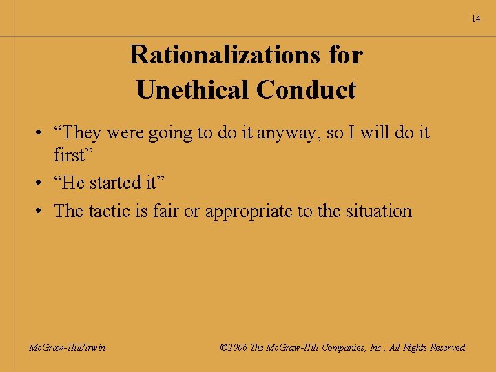 14 Rationalizations for Unethical Conduct • “They were going to do it anyway, so