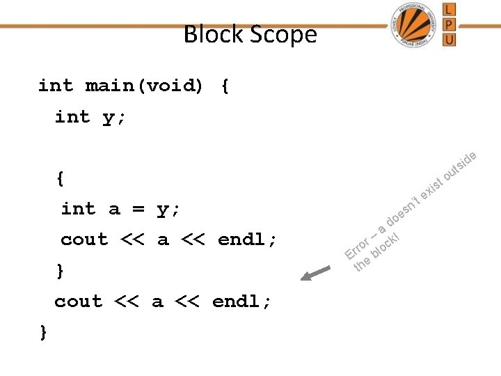 Block Scope int main(void) { int y; { int a = y; cout <<