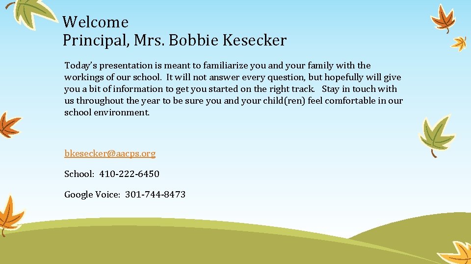 Welcome Principal, Mrs. Bobbie Kesecker Today’s presentation is meant to familiarize you and your