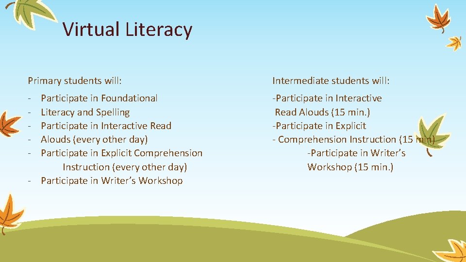 Virtual Literacy Primary students will: Intermediate students will: - -Participate in Interactive Read Alouds