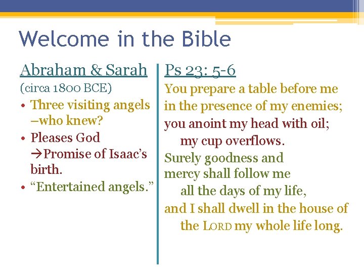 Welcome in the Bible Abraham & Sarah Ps 23: 5 -6 (circa 1800 BCE) Welcome in the Bible Abraham & Sarah Ps 23: 5 -6 (circa 1800 BCE)