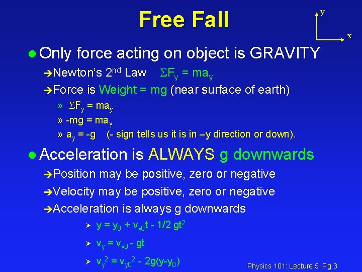 y Free Fall x l Only force acting on object is GRAVITY èNewton’s 2