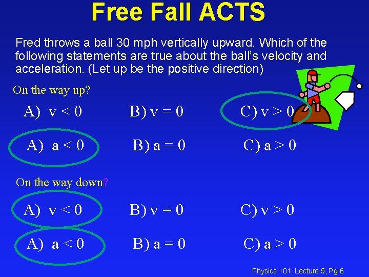 Free Fall ACTS Fred throws a ball 30 mph vertically upward. Which of the