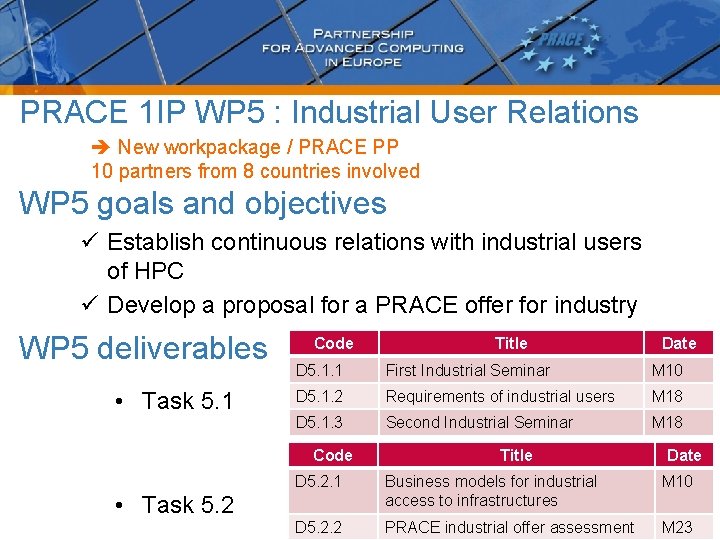 PRACE 1 IP WP 5 : Industrial User Relations New workpackage / PRACE PP