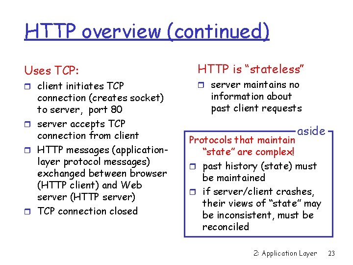 HTTP overview (continued) Uses TCP: r client initiates TCP connection (creates socket) to server,