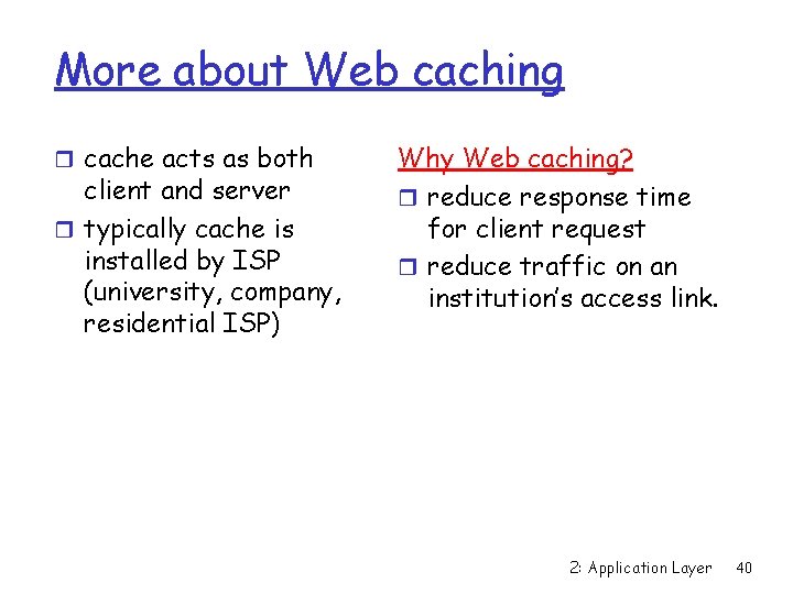 More about Web caching r cache acts as both client and server r typically