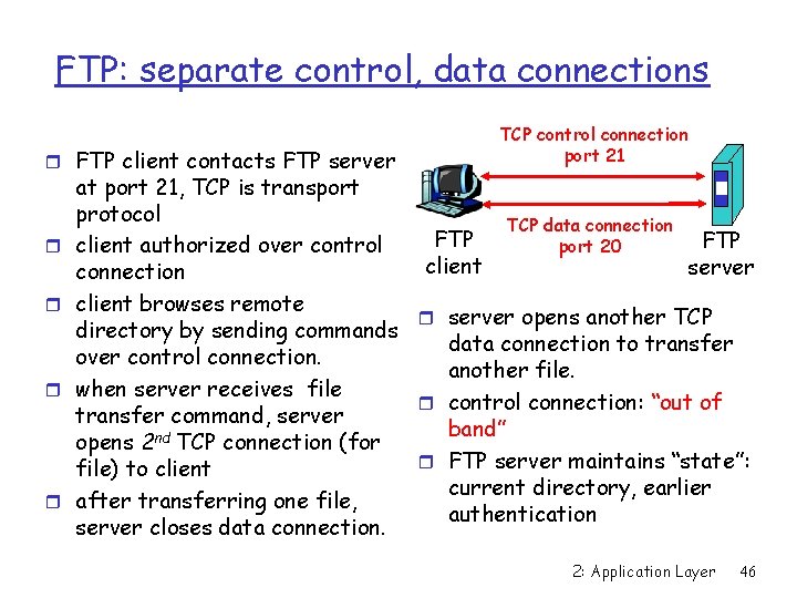 FTP: separate control, data connections r FTP client contacts FTP server r r TCP