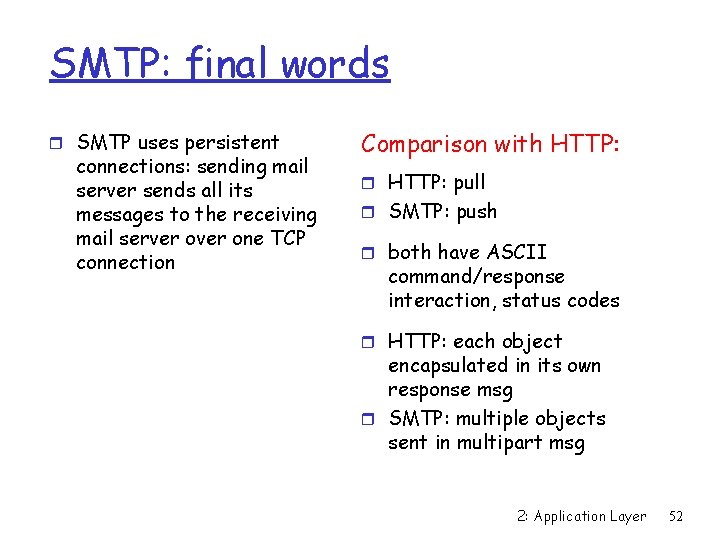 SMTP: final words r SMTP uses persistent connections: sending mail server sends all its