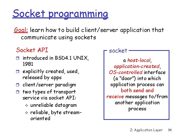 Socket programming Goal: learn how to build client/server application that communicate using sockets Socket