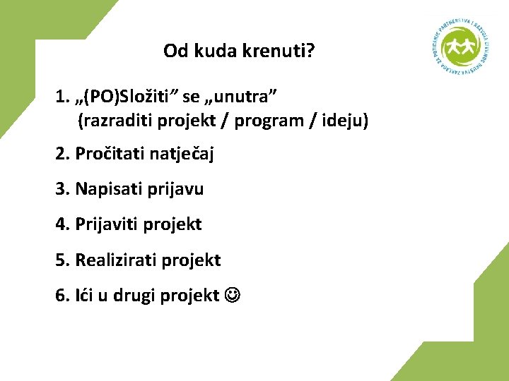 Od kuda krenuti? 1. „(PO)Složiti” se „unutra” (razraditi projekt / program / ideju) 2.