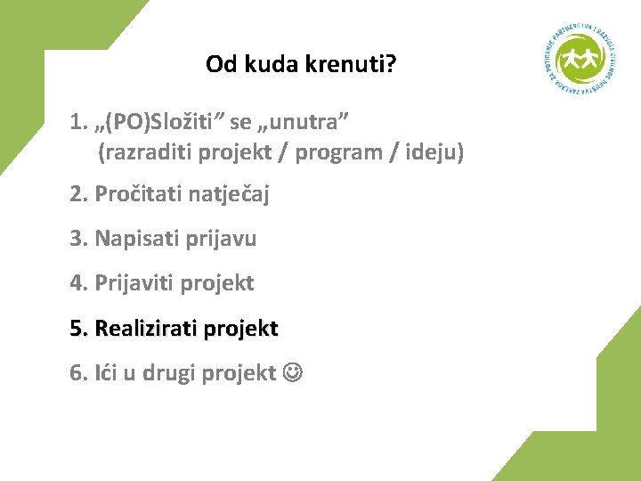 Od kuda krenuti? 1. „(PO)Složiti” se „unutra” (razraditi projekt / program / ideju) 2.