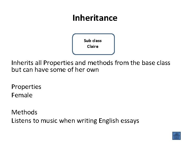 Inheritance Sub class Claire Inherits all Properties and methods from the base class but