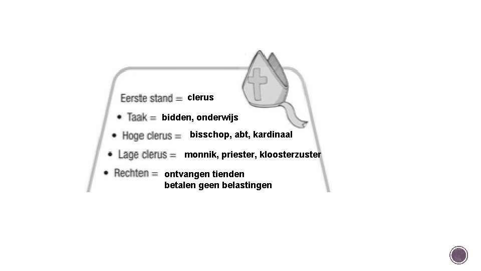 clerus bidden, onderwijs bisschop, abt, kardinaal monnik, priester, kloosterzuster ontvangen tienden betalen geen belastingen