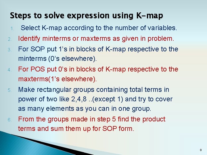 Steps to solve expression using K-map 1. Select K-map according to the number of