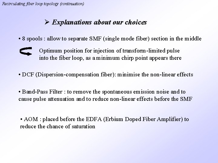 Recirculating fiber loop topology (continuation) Ø Explanations about our choices • 8 spools : Recirculating fiber loop topology (continuation) Ø Explanations about our choices • 8 spools :