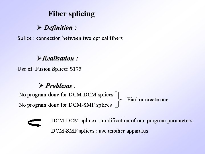 Fiber splicing Ø Definition : Splice : connection between two optical fibers ØRealisation : Fiber splicing Ø Definition : Splice : connection between two optical fibers ØRealisation :