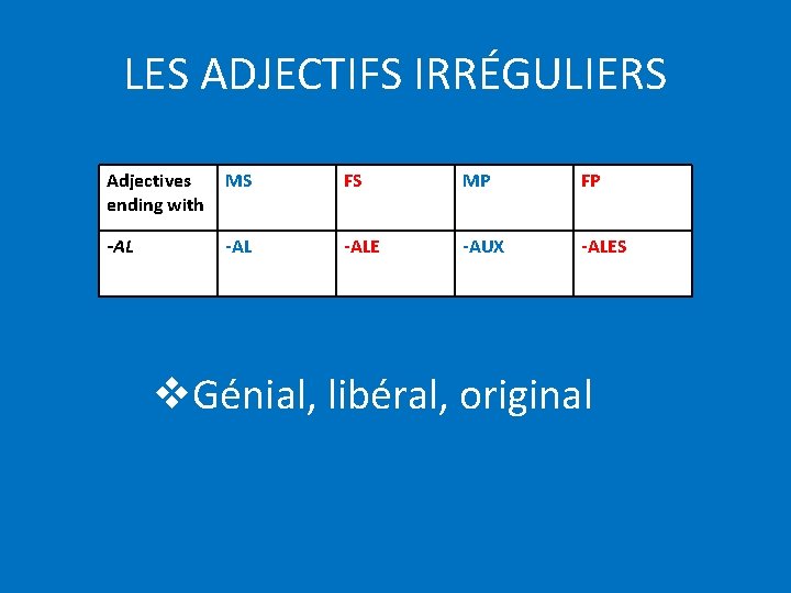 LES ADJECTIFS IRRÉGULIERS Adjectives ending with MS FS MP FP -AL -ALE -AUX -ALES