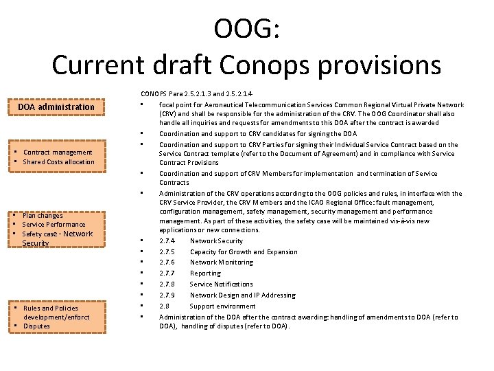 OOG: Current draft Conops provisions DOA administration • Contract management • Shared Costs allocation