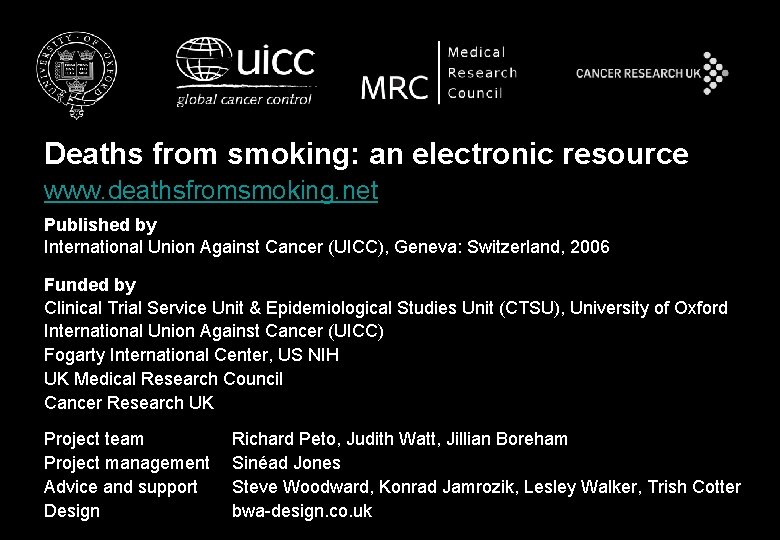 Deaths from smoking: an electronic resource www. deathsfromsmoking. net Published by International Union Against