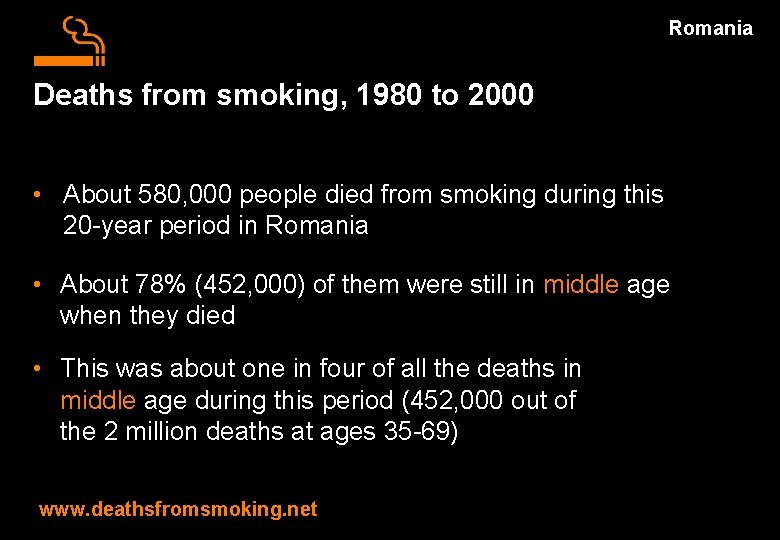 Romania Deaths from smoking, 1980 to 2000 • About 580, 000 people died from